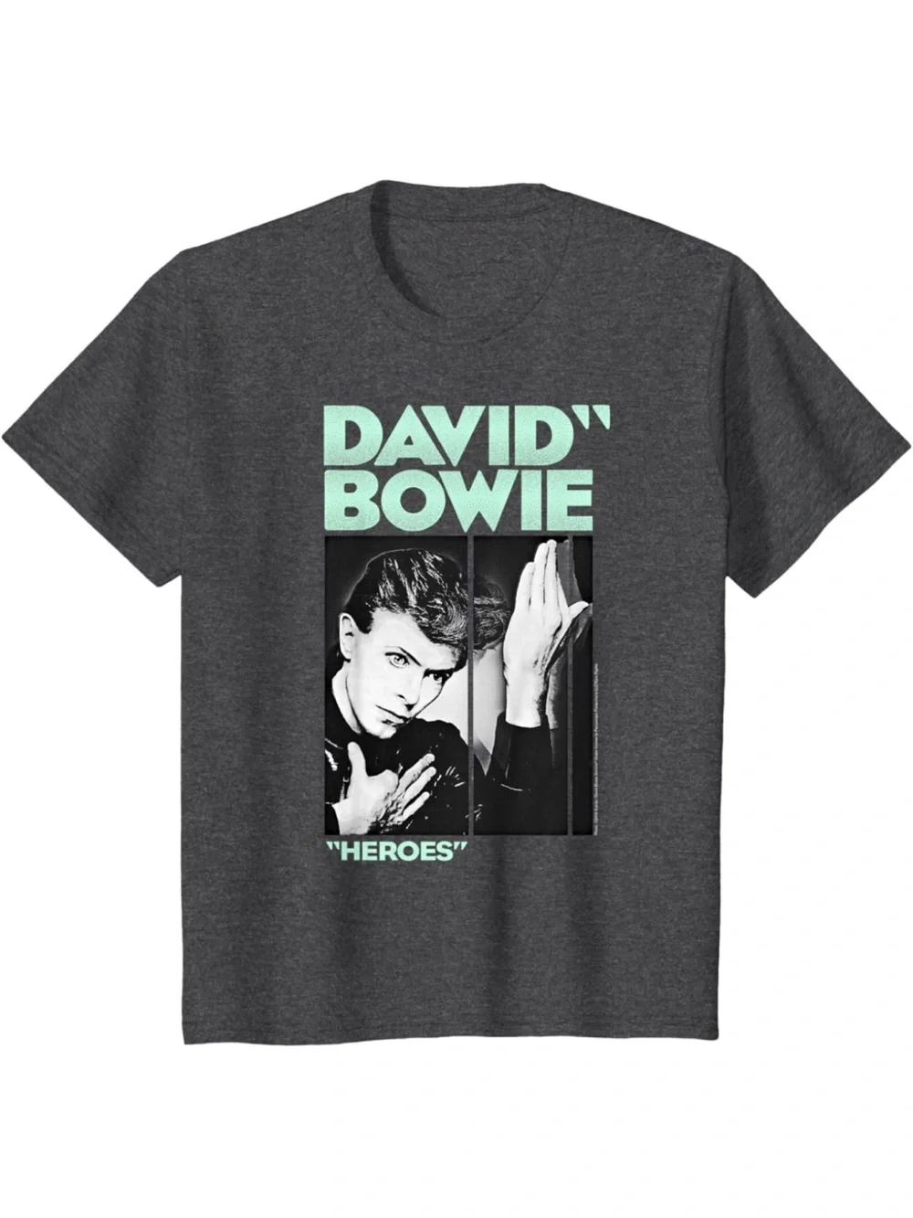 David Bowie 'Heroes' Short Sleeve Graphic Tee - Charcoal with Mint Print